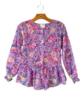 Vintage Purple Floral Peplum Blouse Feminine Retro XS